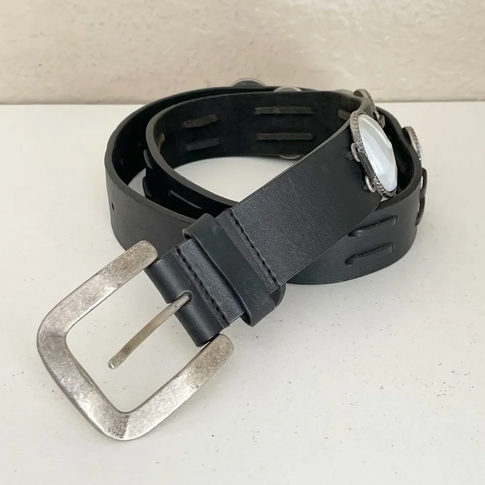 Vintage Leatherock Black Leather Belt with Silver gray stone Accents